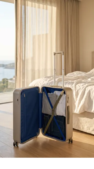 Une valise ouverte et rangée, posée dans une chambre lumineuse ouverte sur la mer.